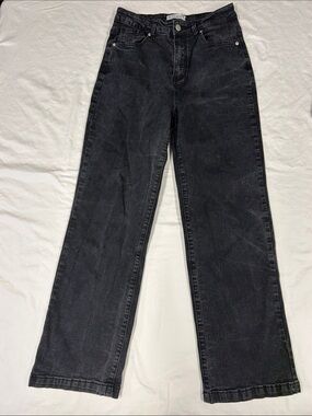 ETTELO Black High Rise Wide Leg Straight Jeans Size 8 Stretch Faded Denim